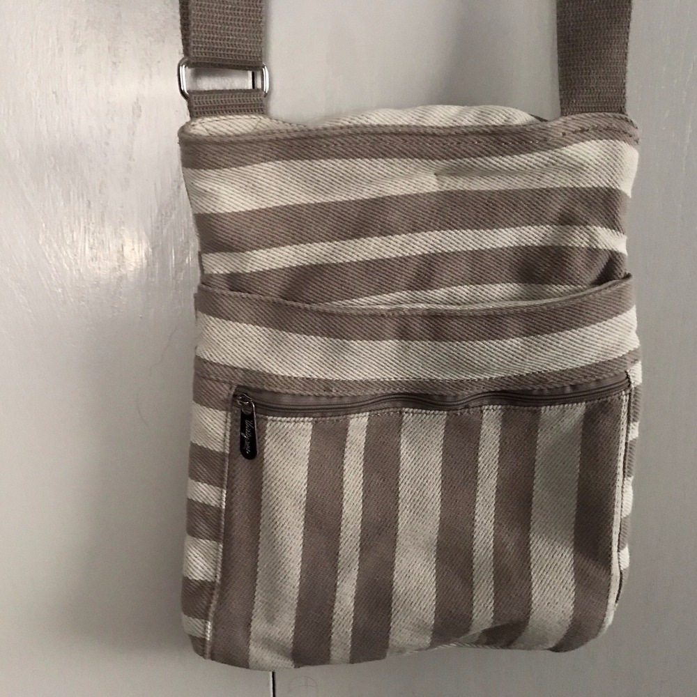 Thirty One Organizing Canvas Adjustable Shoulder Bag Beige Stripe‎ Pockets